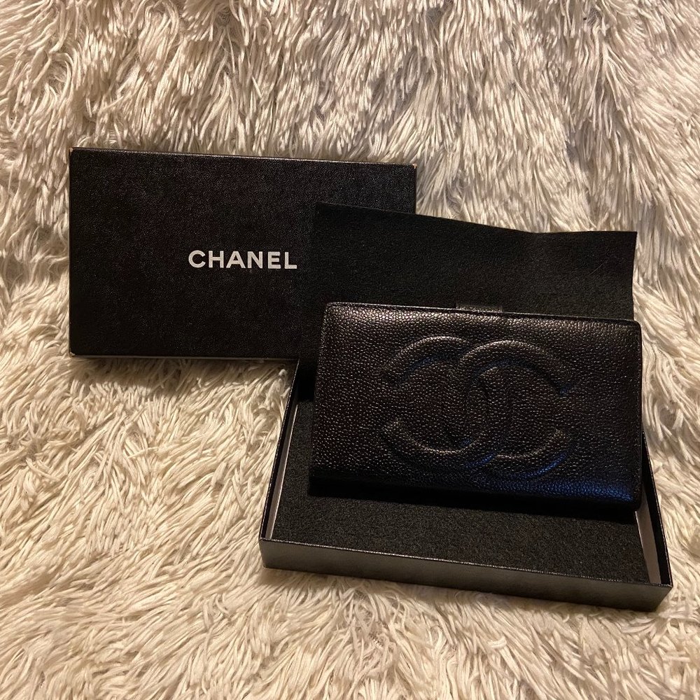 Chanel Black Caviar Leather CC Logo Long Flap Wallet